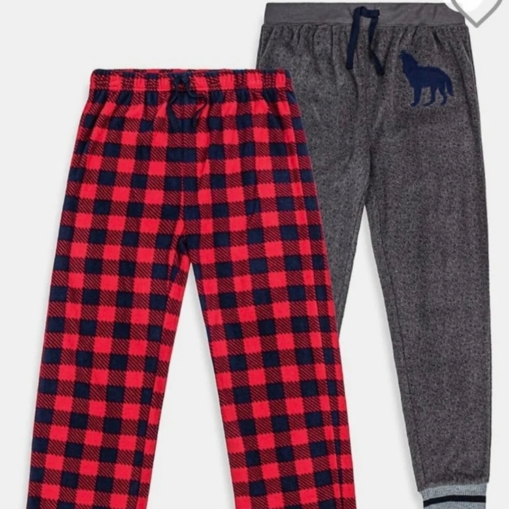 Petit Lem Boys Plush Sleep Pants Set Of 2! Wolf + Red/Blk Chk Fleece NWT SO SET